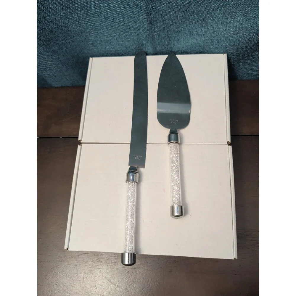 Mr & Mrs Wedding Cake Server Knife Set | Crystal Filled Bling Handle Stainless